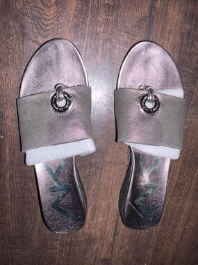Anne Klein Sport New Metallic Silver Pink Slide Sandals with Silver Ring Accent